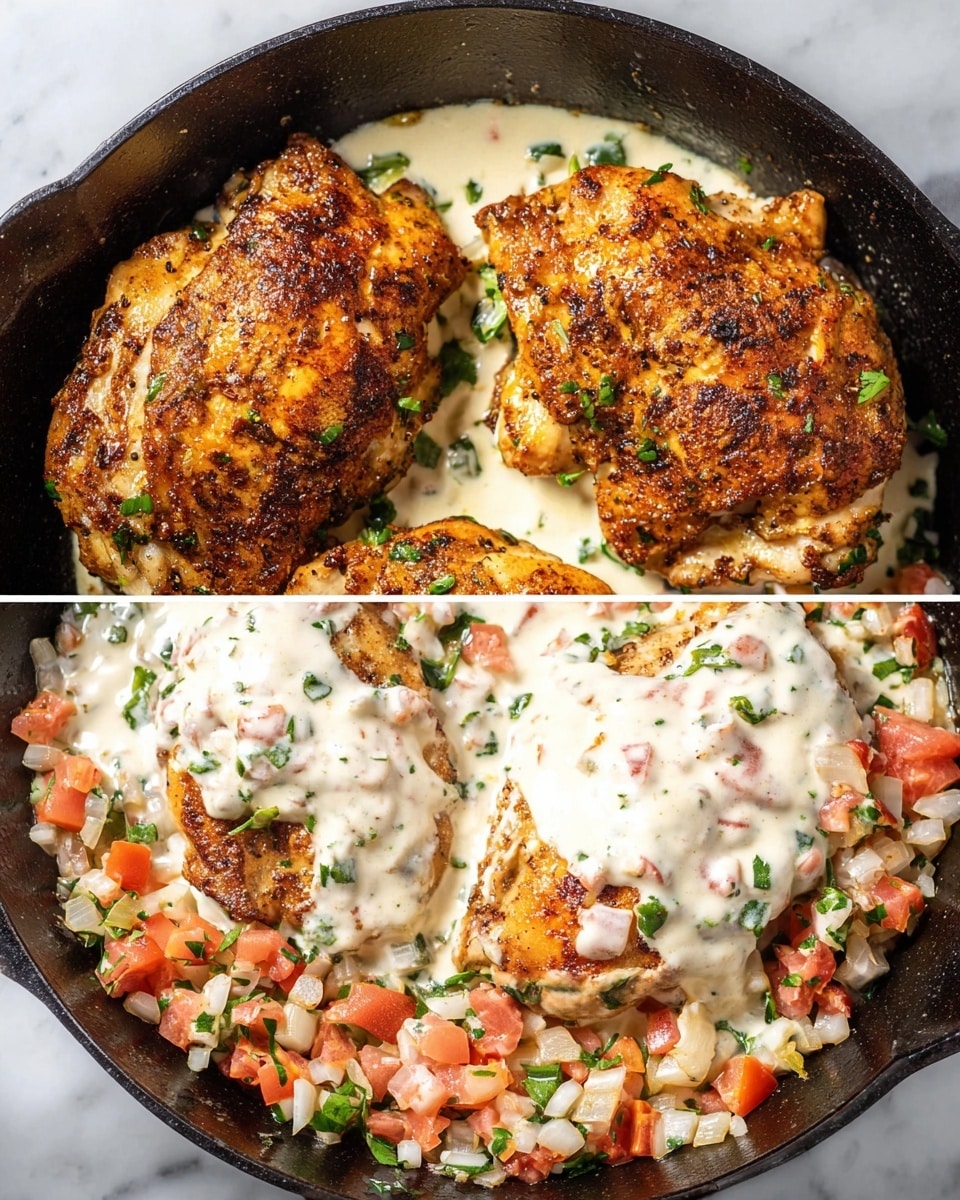The image shows a close-up of a black skillet filled with three browned cooked meat pieces covered in a thick creamy sauce. The creamy sauce is light orange with visible chunks of orange and green vegetables scattered throughout, creating a textured look. A gold spoon is lifting one piece from the sauce, showing the juicy and tender surface of the meat and the creamy sauce dripping from it. The skillet sits on a white marbled surface. photo taken with an iphone --ar 4:5 --v 7