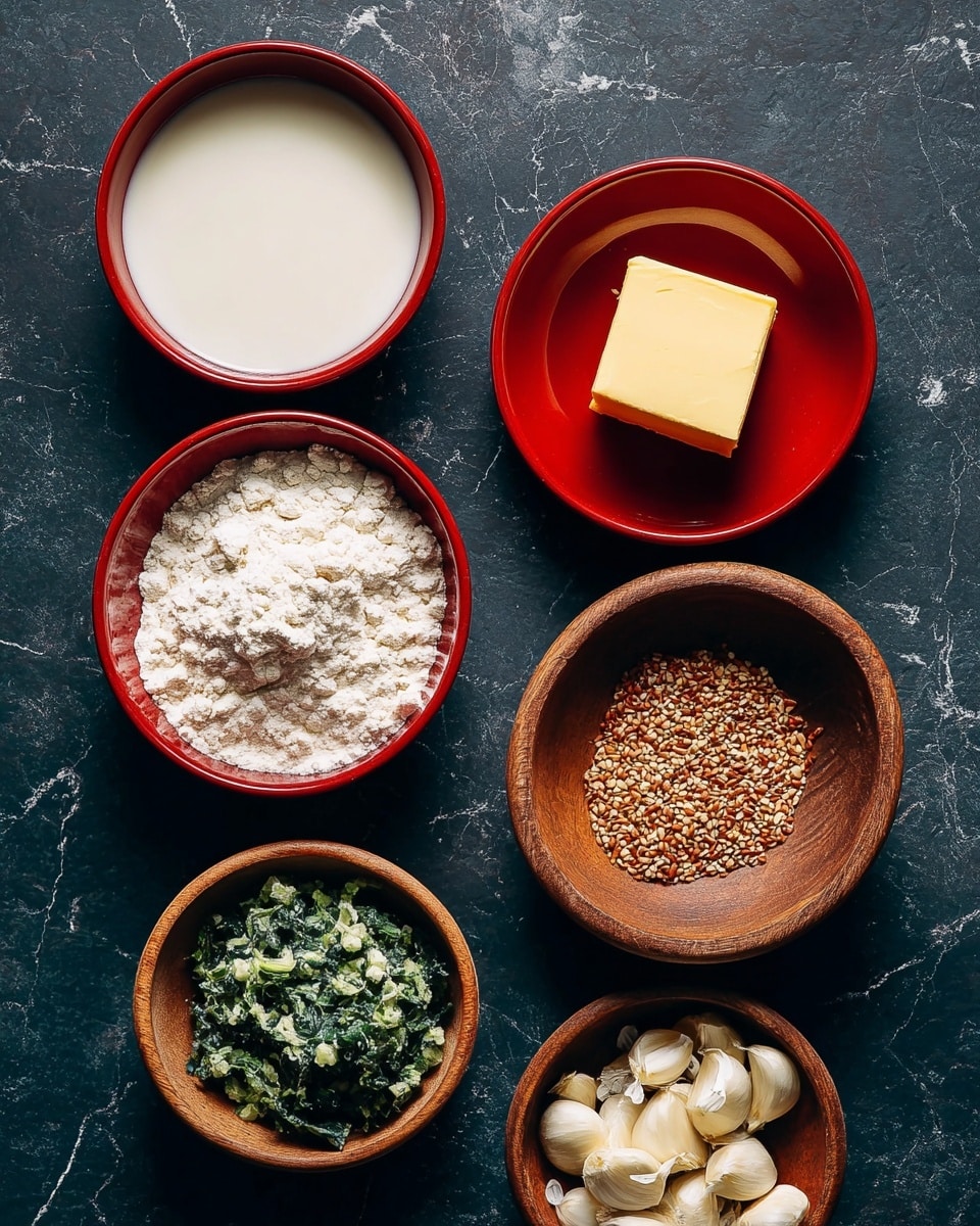 The image shows six small bowls arranged on a dark textured surface, but the surface is changed to white marbled texture. Three bowls are white with red inside and contain different items: one filled with cream-colored milk, one with bright yellow butter cube placed in the center, and one is empty. The other three bowls are wooden: one filled with chopped white garlic pieces, one with white flour with a soft powder texture, and another with a brown seasoning mix with visible seeds. A white and green leafy chopped vegetable fills one of the red bowls. All bowls are neatly placed with clear visibility of their contents, photo taken with an iphone --ar 4:5 --v 7