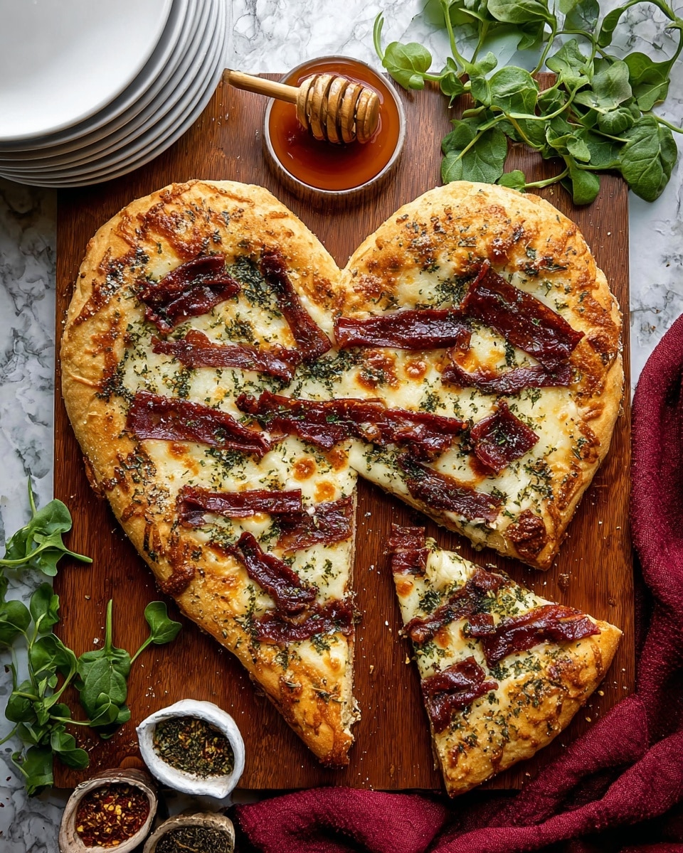A heart-shaped pizza with a thick, golden crust sprinkled with green herbs forms the base layer. On top, melted yellowish-orange cheese spreads evenly with slightly browned spots. Dark reddish-brown bacon pieces cover the cheese in an irregular pattern, adding texture and color contrast. The pizza sits on a metal peel with a wooden handle, placed on a dark textured surface, surrounded by green herbs, a honey jar with a dipper, and a brown cloth with fresh green leaves. Photo taken with an iphone --ar 4:5 --v 7