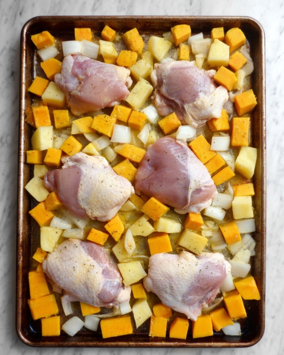 A white plate with two pieces of golden brown cooked chicken thighs placed on the left side, topped with fresh green chopped herbs. On the right side of the plate are roasted yellow and light brown potato cubes mixed with soft cooked onion pieces, also sprinkled with chopped herbs. Behind the plate, a large rectangular baking tray filled with more chicken thighs and roasted potato and onion pieces arranged in a scattered way, also garnished with herbs. Next to the plate on a white marbled surface, there is a small metal bowl filled with a reddish-brown spice powder, two small clear glass shakers of ground spices, some fresh parsley leaves, and a light gray cloth with wooden chopsticks resting on it photo taken with an iphone --ar 4:5 --v 7