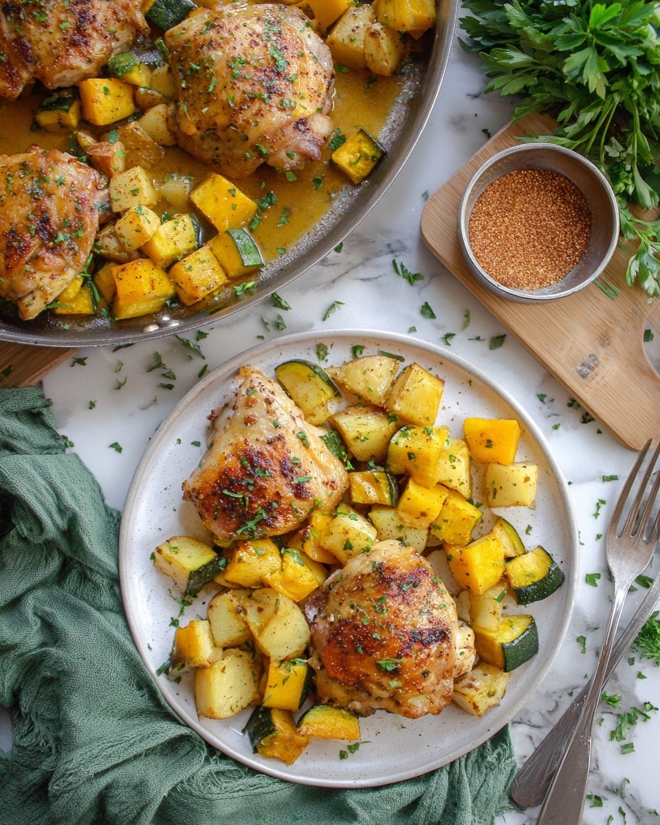 A baking tray filled with raw chicken thighs placed evenly on top of a mix of diced yellow, orange, and white vegetables. The vegetables are chunky and spread across the entire tray under the chicken pieces, creating a colorful bed. The tray is shown from above on a white marbled surface. Photo taken with an iphone --ar 4:5 --v 7