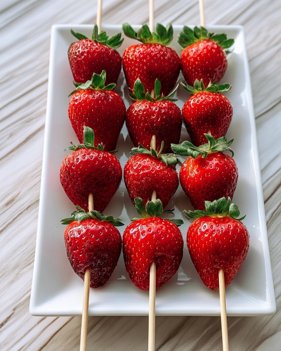 The image shows a white rectangular plate holding ten fresh strawberries, each pierced with a thin wooden skewer from top to bottom. The strawberries are deep red with small yellow seeds and have bright green leafy tops still attached. They are arranged in two rows, with five strawberries in each row, filling the plate evenly. The plate sits on a wooden bamboo mat, and the strawberries have a shiny, smooth surface. photo taken with an iphone --ar 4:5 --v 7