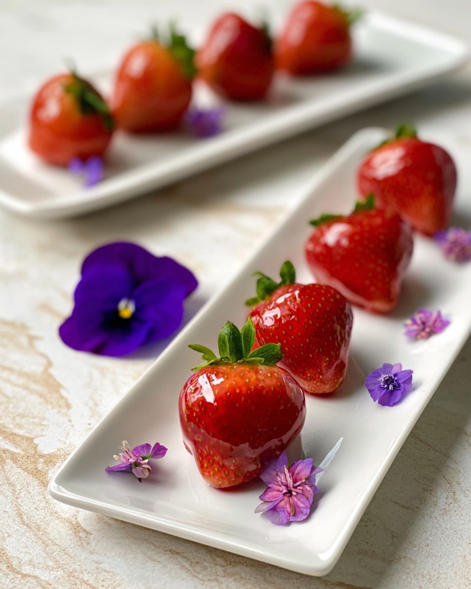 A white rectangular plate holds four shiny, red strawberries arranged in a single row, each covered evenly with a clear, glossy layer that highlights their texture and small seeds. Small purple flower petals are scattered around the strawberries, adding a delicate color contrast. Another white rectangular plate in the background also holds strawberries with a similar glossy shine. The plates sit on a surface with a white marbled texture. photo taken with an iphone --ar 4:5 --v 7