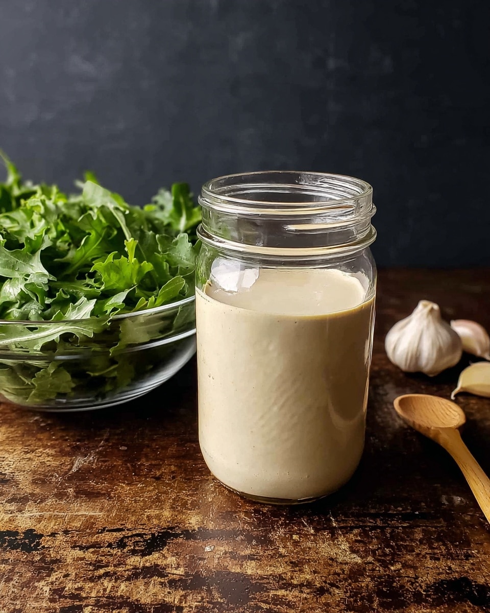 A clear glass jar filled with smooth, light beige creamy sauce sits in the front center. Behind it, a transparent glass bowl holds fresh, bright green leafy arugula with visible veins and curls. To the right on the surface, two garlic cloves and a small wooden spoon rest casually. The whole scene is set on a dark textured surface with a soft black background replaced with a white marbled texture, giving a clean and bright feel. Photo taken with an iphone --ar 4:5 --v 7