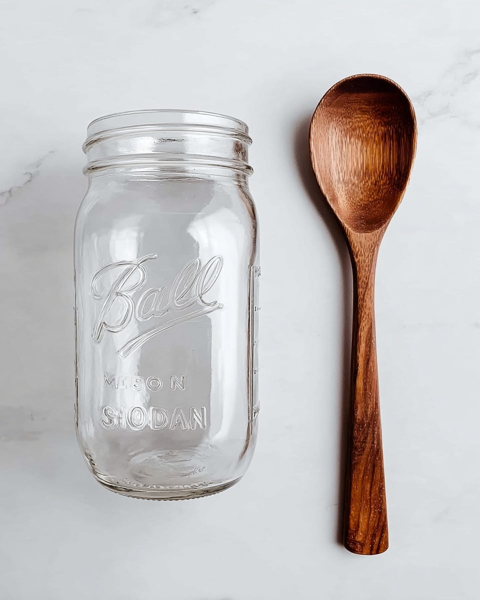 The image shows a clear glass mason jar with embossed text and a design on the front, next to a dark brown wooden spoon with a smooth texture. Both objects are placed on a white marbled surface, making the clear glass and deep wood colors stand out. The mason jar has a wide opening and a thick glass rim, and the spoon lies flat with its handle facing downwards. Photo taken with an iphone --ar 4:5 --v 7