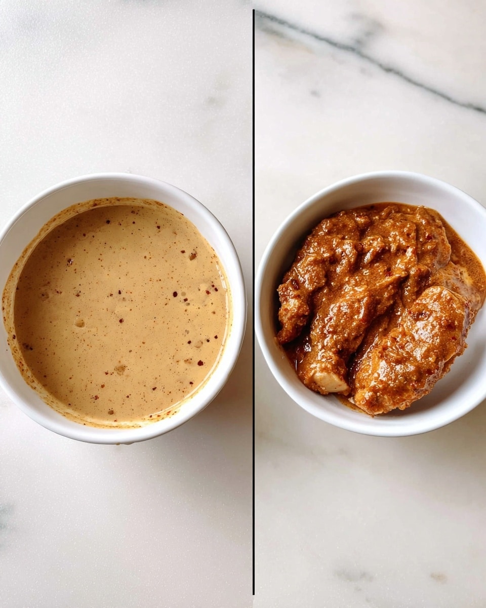 The image shows two white bowls on a white marbled surface. The first bowl contains a smooth, light beige sauce with tiny specks on its surface, filling the bowl almost to the top. The second bowl holds several pieces of raw chicken coated evenly in a thick, orange-brown marinade, with some sauce spread around the inside walls of the bowl. photo taken with an iphone --ar 4:5 --v 7