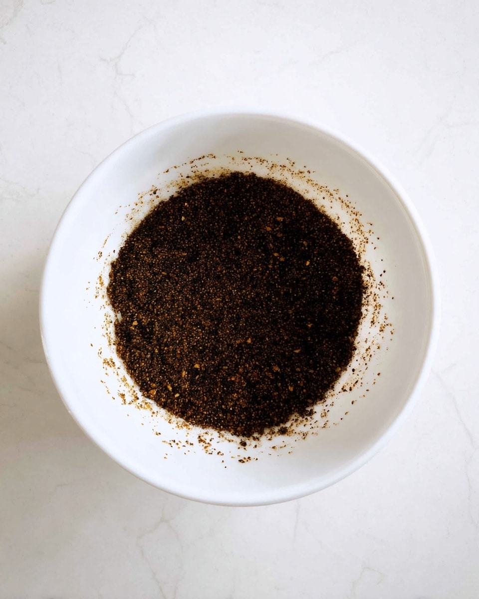 A white bowl filled with a dark brown, coarse textured mixture that looks like a spice blend or sauce. The mixture spreads evenly inside the bowl, with small bits of herbs and seeds visible throughout. Some of the mixture is lightly splattered on the inner sides of the bowl, adding a rough, dotted texture. The bowl sits on a white marbled surface. photo taken with an iphone --ar 4:5 --v 7
