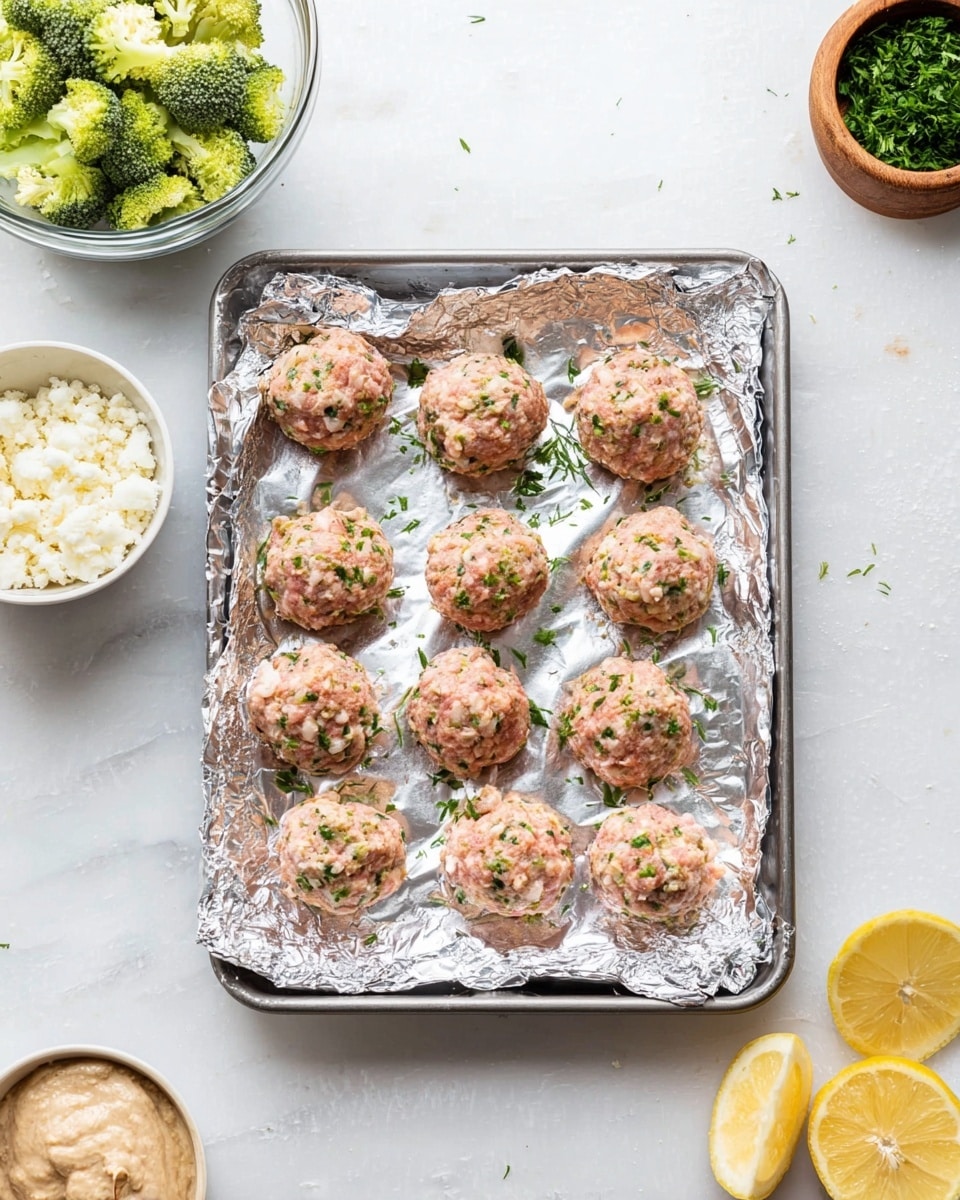 A white bowl filled with a colorful mix of roasted broccoli and cauliflower florets with orange roasted sweet potato pieces scattered throughout. Three browned, herb-speckled meatballs sit on top toward the left side. Bright pink thinly sliced red onions are spread on the right, along with crumbled white cheese. A large dollop of beige hummus is placed near the center-right, garnished with fresh green dill sprigs. Two lemon wedges rest at the bottom right under the hummus. A silver fork lies from the bottom right edge into the bowl. The dish is set on a white marbled surface with small bowls of ingredients partly visible nearby. Photo taken with an iphone --ar 4:5 --v 7