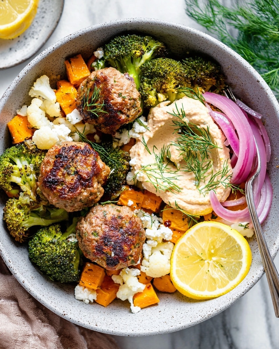 In a white bowl on a white marbled surface, there are three brown meatballs placed on top of a mix of green roasted broccoli and white cauliflower pieces. Scattered thin slices of bright purple onions and small chunks of white feta cheese add color and texture. A large dollop of light beige hummus sits near a bright yellow lemon wedge, garnished with fresh green dill on top. A silver fork rests on the side of the bowl, slightly touching the lemon wedge. Photo taken with an iphone --ar 4:5 --v 7