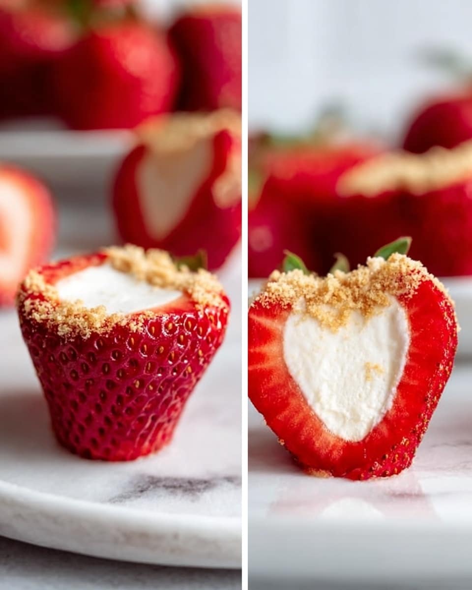 The image is split into two parts. On the left, there are several strawberries standing upright on a white marbled surface, each with the green tops removed and hollowed out inside, showing the red seeds and soft texture. On the right, a strawberry is shown cut in half vertically, revealing a white creamy filling inside topped with a light brown crumb layer, with the strawberry halves placed upright on a white plate. The bright red of the strawberry contrasts with the white cream and crumbs, while the plate rests on the same white marbled surface. photo taken with an iphone --ar 4:5 --v 7