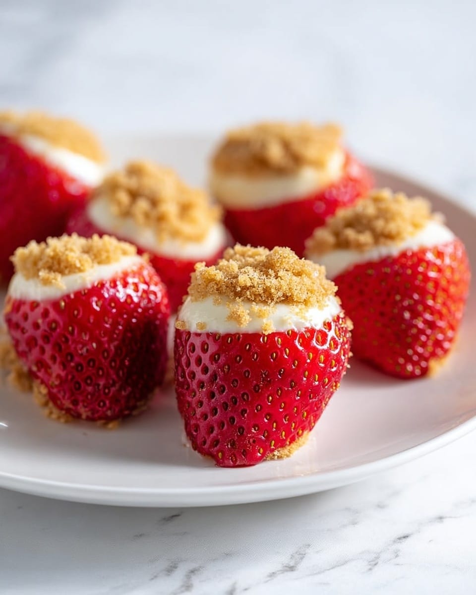 The image shows a close-up of several strawberries placed on a white plate over a white marbled surface. Each strawberry is hollowed out and filled with a creamy white layer, topped with a crumbled golden-brown layer that adds a textured finish. The red, shiny strawberries contrast with the smooth white filling and crumb topping. The strawberries are arranged casually, some standing upright and others resting on their sides, showing the filled tops clearly. The light comes from the front, highlighting the shiny skin of the strawberries and the crumb texture on top. photo taken with an iphone --ar 4:5 --v 7