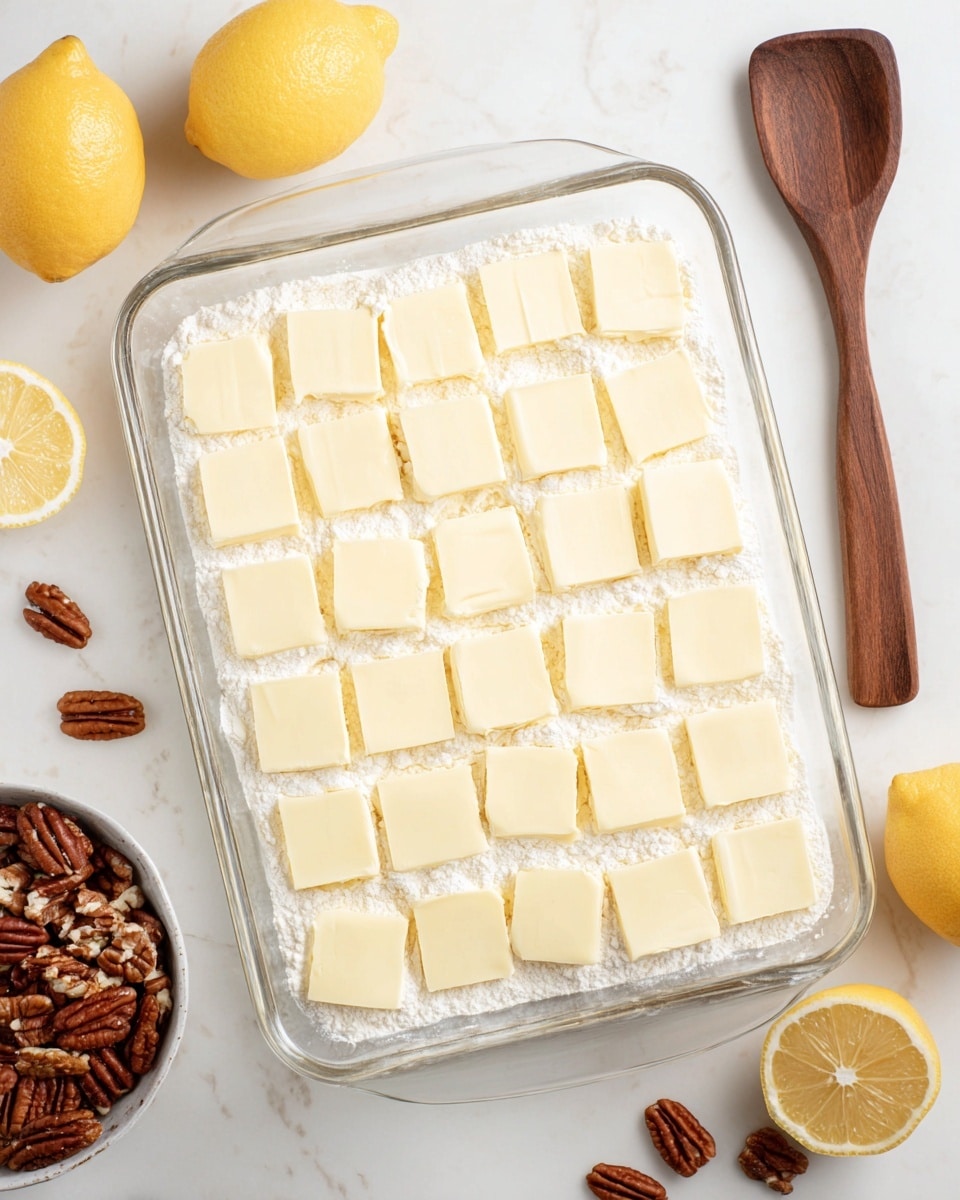 The image shows a clear rectangular glass baking dish on a white marbled surface. Inside the dish is a base layer of white flour with evenly spaced small pale yellow butter squares spread out in a grid pattern on top, about six rows and six columns. Around the baking dish, there are yellow lemon halves and slices on the top left and bottom right corners, a wooden bowl filled with pecans and some loose pecans scattered near the bottom left, and a wooden spoon on the top right of the frame. The scene is bright with natural light, creating soft shadows. Photo taken with an iphone --ar 4:5 --v 7