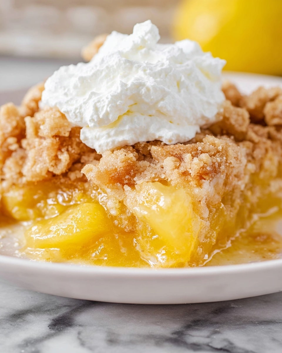 The image shows a close-up of a baked dessert in a clear rectangular glass dish. The dish has two main layers: the top layer is a light golden-brown, crumbly crust with a rough texture, while the bottom layer is a bright yellow, smooth, and slightly shiny pudding-like filling. Part of the dessert has been taken out, revealing the thick and creamy filling underneath the crust. The dish is placed on a white marbled surface, and the edges of the glass dish show some residue of the dessert. photo taken with an iphone --ar 4:5 --v 7