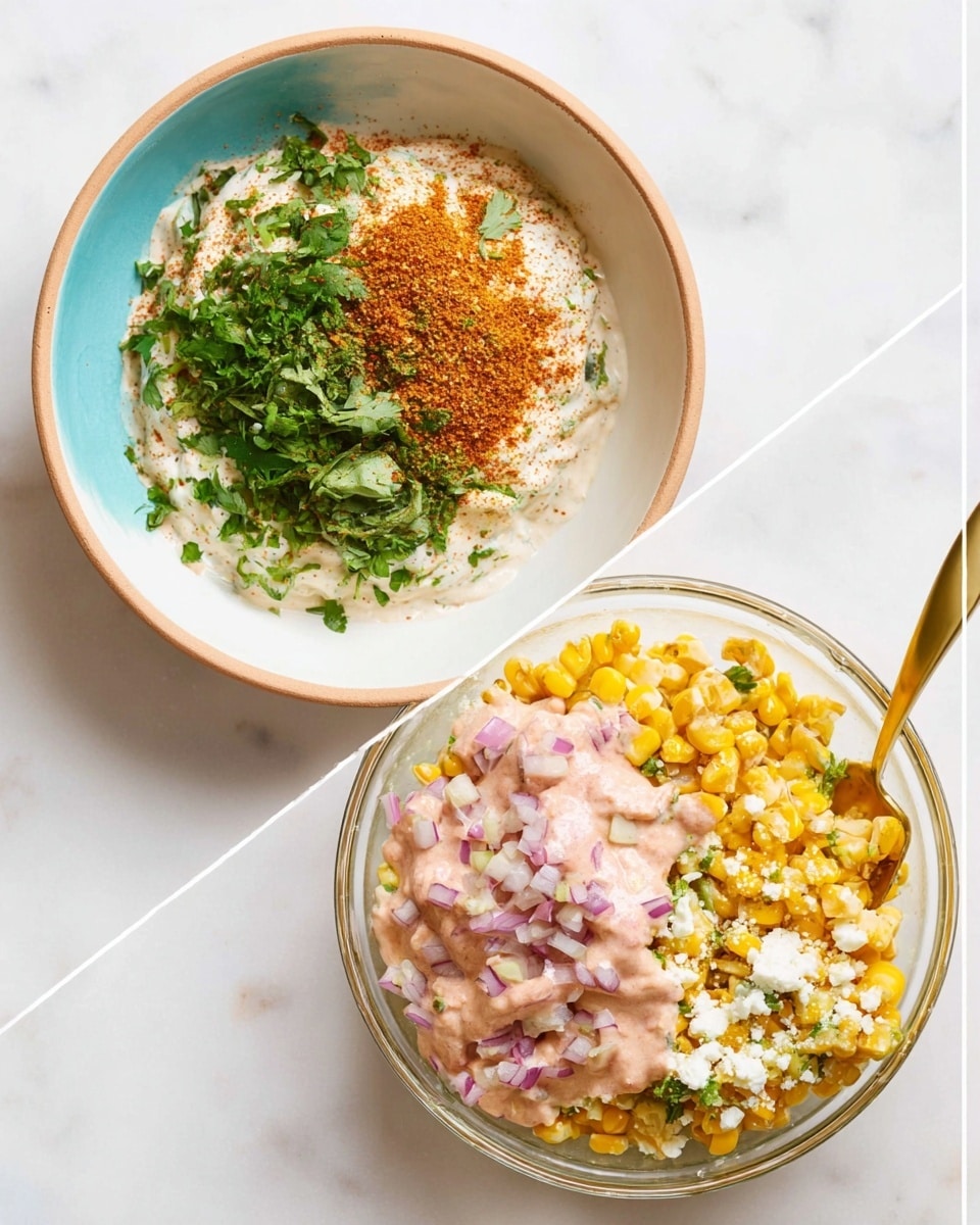 The image shows two bowls with ingredients. The first bowl is white with a light blue interior and contains a creamy white base with red and green spices sprinkled on top, along with fresh chopped green herbs mostly on one side. The second bowl is clear glass with a mixture of yellow corn kernels, finely chopped red onions, a white crumbly cheese, and a thick light orange sauce with green specks spread over the top and a gold spoon resting inside. Both bowls are set on a white marbled surface. photo taken with an iphone --ar 4:5 --v 7