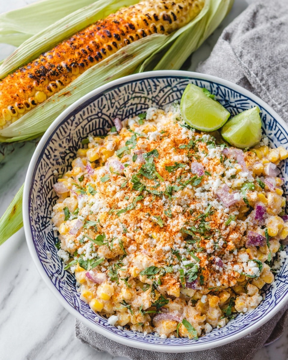 A white bowl with blue patterns is filled with a mixed corn salad showing about three layers: the bottom layer has small corn pieces mixed with tiny bits of red onion and green herbs, the middle layer is creamy and coats the corn, and the top layer is sprinkled with white cheese crumbs and reddish-orange spice powder. A green lime wedge sits inside the bowl on one side. In the background, a grilled corn cob covered with white cheese and red spice rests on a green husk, on a white marbled surface, with lime wedges and cilantro leaves scattered nearby. Photo taken with an iphone --ar 4:5 --v 7
