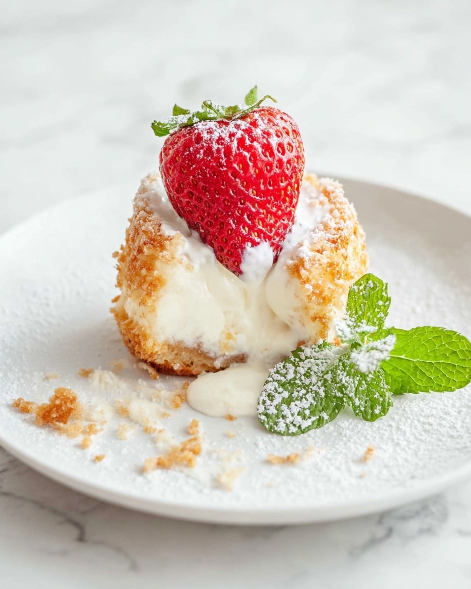A small dessert is shown on a white plate with a white marbled background. The dessert has three main layers: a creamy white ice cream center, a golden-yellow crumbly outer layer that looks soft and moist, and a small dollop of white cream on top. Sitting on the cream is a bright red strawberry with green leaves. Beside the dessert, a fresh mint leaf dusted lightly with white powdered sugar adds a touch of green. Some crumbs and a small broken piece of the outer layer lie near the dessert, with a bit of melted cream pooling on the plate. Photo taken with an iphone --ar 4:5 --v 7