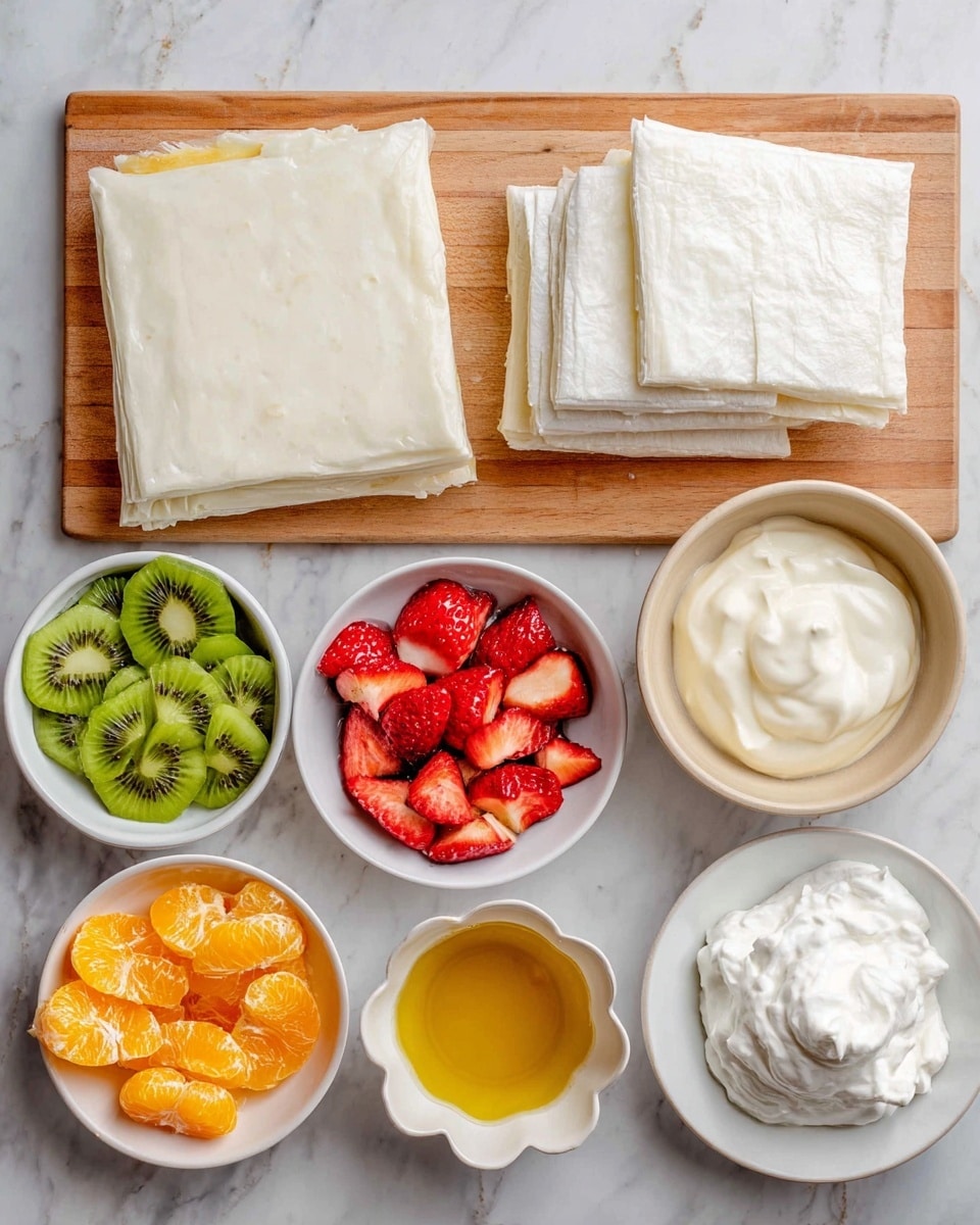The image shows a white marbled surface with several white bowls and plates arranged neatly. At the top right, there is a wooden board with multiple thin, square sheets of dough stacked in one layer. Below the board, a grayish-white plate holds a block of cream cheese with a smooth texture. Surrounding the cheese plate are three white bowls with fresh fruit: bright green sliced kiwi on the left, deep red halved strawberries in the middle, and vibrant orange peeled mandarin segments on the right. Next to the fruits, a rustic bowl contains a fluffy white cream cheese mixture. A small white flower-shaped bowl in the center holds melted golden butter, while a tiny white bowl nearby has light yellow oil. All are set on a clean, white marbled surface. photo taken with an iphone --ar 4:5 --v 7