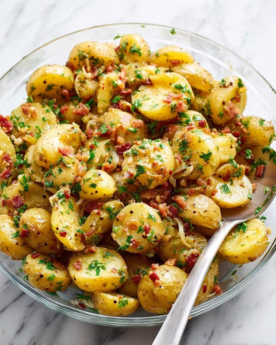 The image shows a clear glass bowl filled with small yellow potatoes that are sliced in half, mixed with bits of reddish-brown bacon pieces and small chopped green herbs scattered evenly on top. The potatoes have a shiny, slightly oily texture, indicating they are cooked and seasoned. There are small pieces of cooked onions mixed in, adding a light tan color throughout. A large silver spoon rests in the bowl, angled on the right side, ready for serving. The bowl is set on a white marbled surface with a soft white cloth in the blurred background. photo taken with an iphone --ar 4:5 --v 7