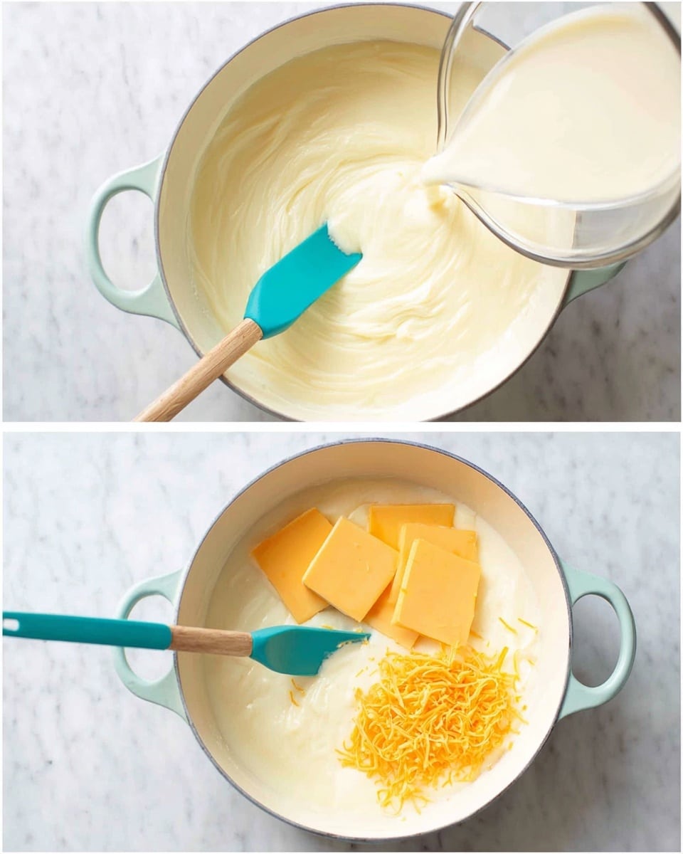 The image shows two stages of cooking in a white pot placed on a white marbled surface. On the left side, a thick, creamy mixture with a pale beige color is being stirred with a turquoise spatula while a clear liquid is poured into the pot from a glass container. On the right side, the creamy mixture fills the pot, topped with three pale yellow rectangular slices of cheese and a small pile of shredded bright orange cheese, with the same turquoise spatula resting inside the pot. Photo taken with an iphone --ar 4:5 --v 7