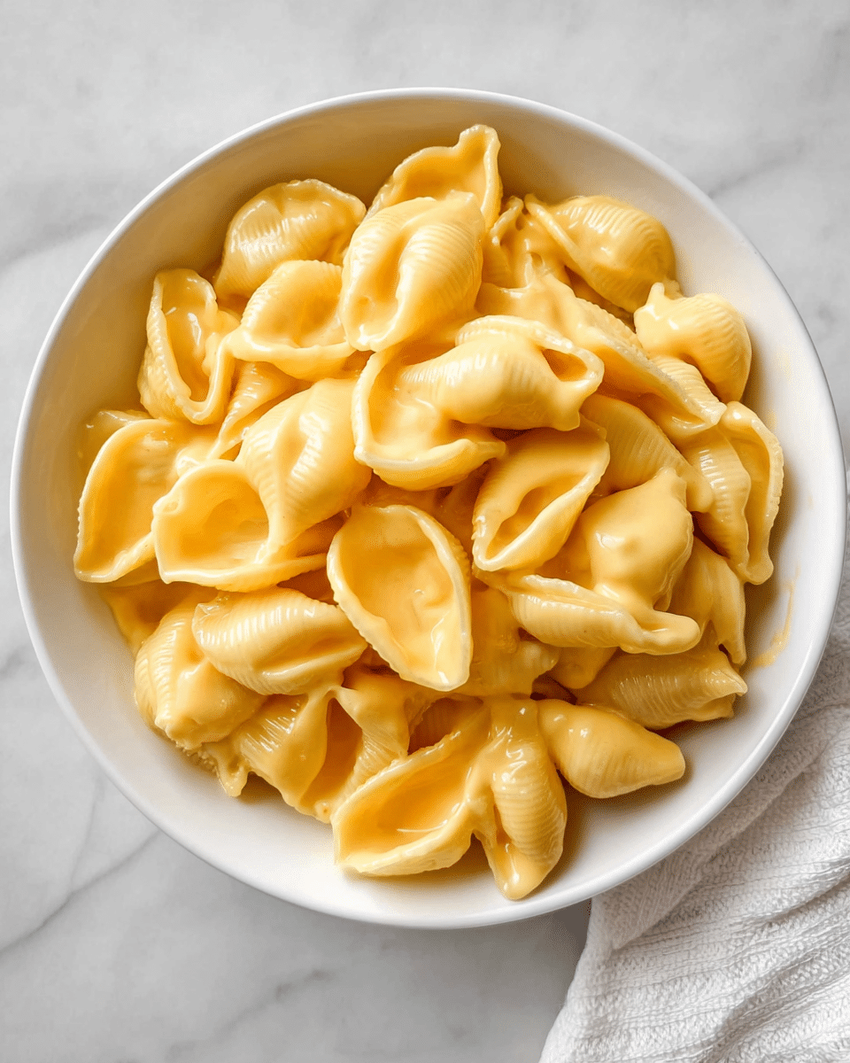 A white bowl filled with many yellow shell-shaped pasta pieces covered in smooth, creamy cheese sauce. The pasta shells are glossy and look soft, with the cheese sauce evenly coating each shell, creating a shiny texture. The bowl is placed on a white marbled surface with a light-colored cloth nearby, adding a soft and cozy feel to the scene. photo taken with an iphone --ar 4:5 --v 7
