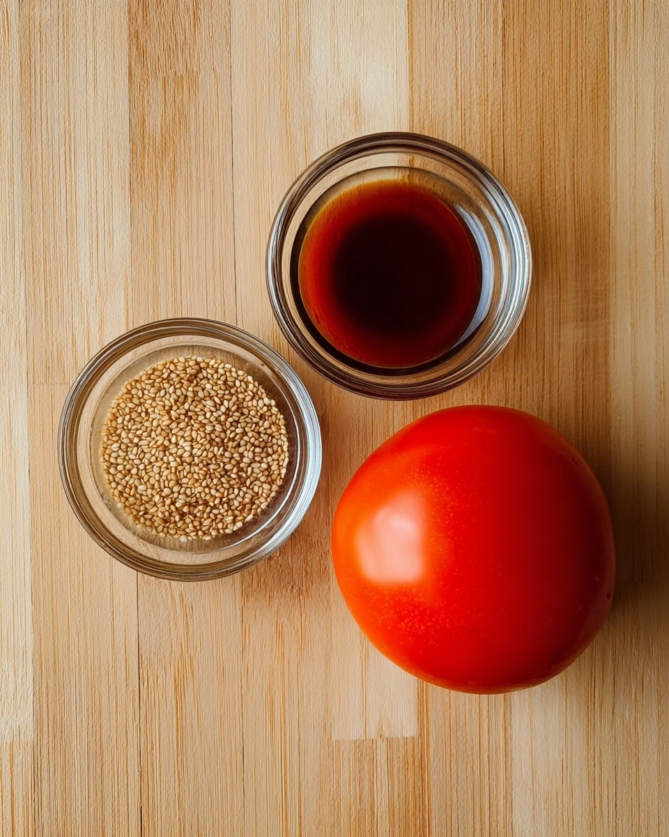 The image shows a brown textured bowl filled with wedge-shaped red tomato pieces coated in a light brown sauce with visible small crushed seeds and bits. There are two green leafy sprigs placed on top, adding contrast to the bright red tomatoes. The bowl is set on a dark green cloth with white polka dots, and the background is a white marbled texture. Photo taken with an iphone --ar 4:5 --v 7