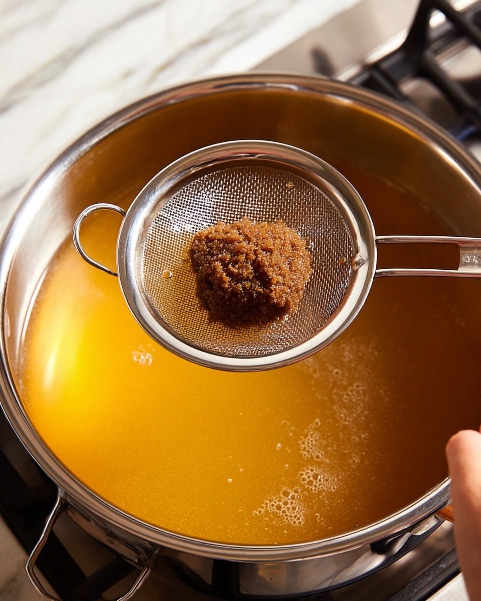The image shows a bowl of miso soup on a wooden tray over a white marbled surface. The bowl is round and deep with a dark reddish-brown outside and inside. Inside the soup, there are three main layers: a clear golden-brown broth on the top, soft pale yellow tofu cubes scattered in the middle, and dark green seaweed pieces floating alongside thin, bright green onion rings. Near the bowl, a pair of dark brown chopsticks rest on the tray beside a small red flower-shaped chopstick rest. Another similar bowl is partly visible in the top left corner. Photo taken with an iphone --ar 4:5 --v 7
