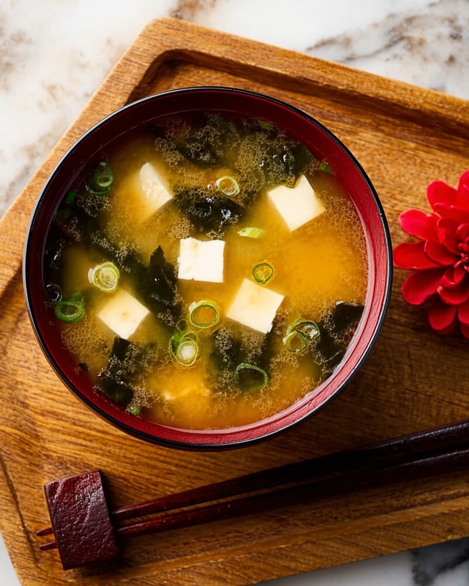 A close-up view of a bowl of miso soup shows a brown and red round bowl filled with a light yellow broth layered with green seaweed pieces and small cubes of white tofu floating on the surface. Thinly sliced green onions are scattered throughout the soup, adding a touch of bright green color. The bowl sits on a light wooden tray with a pair of red chopsticks resting nearby, all placed on a white marbled surface. In the top corner, part of a similar bowl with the same soup is visible. Photo taken with an iphone --ar 4:5 --v 7