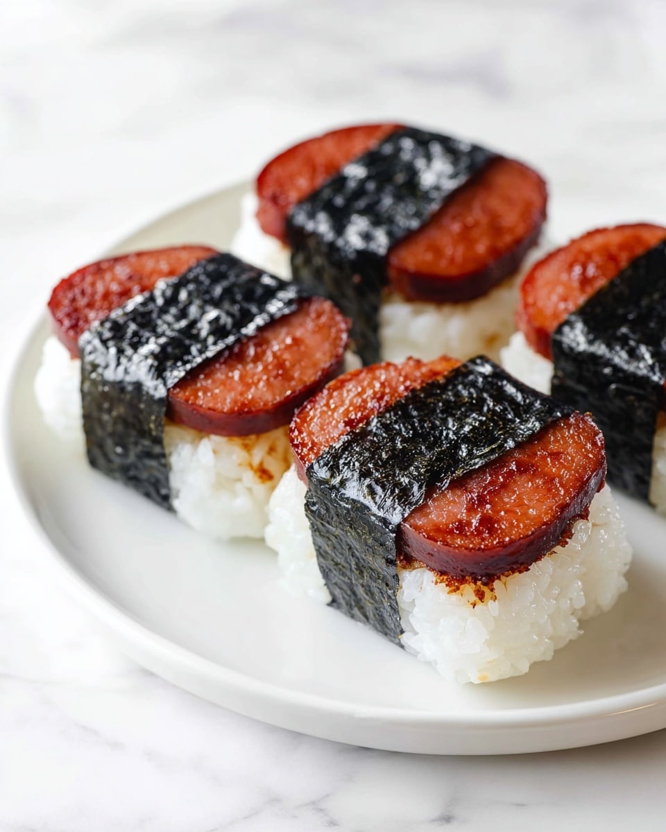 Four pieces of musubi are arranged on a white plate, each with three layers: a bottom layer of white sticky rice, a middle layer of dark, glossy seaweed wrapped around the rice and the top layer, and a top layer of reddish-orange, pan-fried rectangular meat with a slightly shiny texture. The seaweed strips are wrapped around the middle, holding the layers together. The plate is sitting on a white marbled surface. photo taken with an iphone --ar 4:5 --v 7
