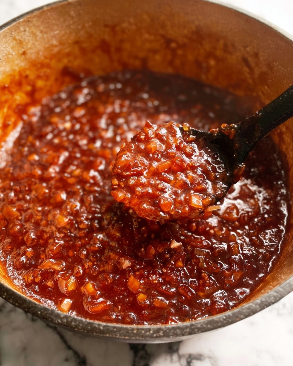 The image shows a close-up of a black ladle scooping chunky, thick sauce or stew from a pot. The sauce has many small pieces of soft, cooked ingredients in a shiny, reddish-brown liquid bubbling gently. The pot has dark walls with a slightly textured inner surface, and the sauce fills almost to the top. The scene is bright and clear, showing the rich texture and warm color of the sauce. Photo taken with an iphone --ar 4:5 --v 7