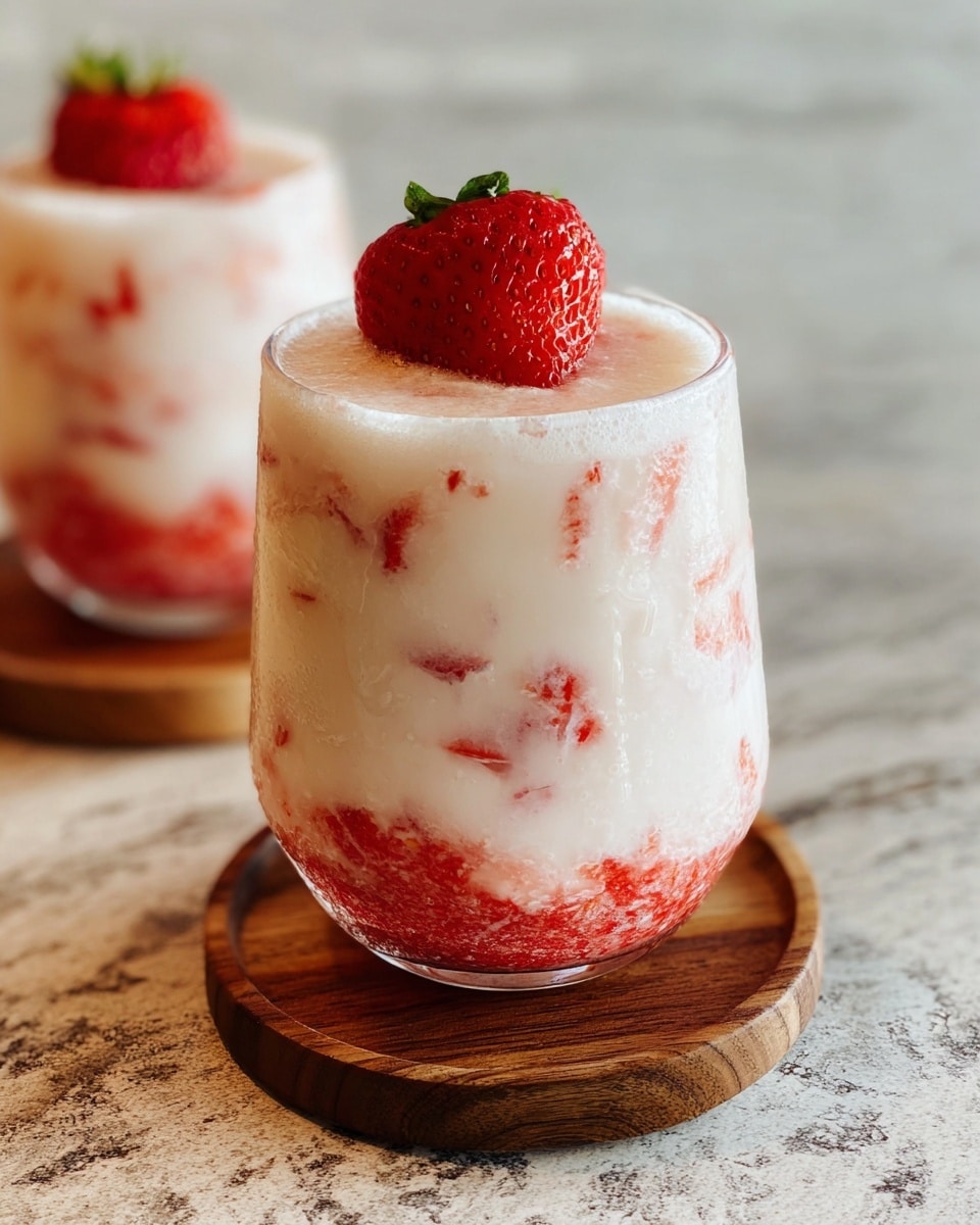 Two clear glasses sit on wooden coasters on a white marbled surface, each filled with three layered textures. The bottom layer is a thick, crushed red strawberry mix with a rough texture. The middle layer is creamy white milk that swirls with chunks of red strawberry pieces, creating a marbled effect inside the glass. The top layer shows more creamy milk with strawberry bits floating on top. Each glass is decorated with a large, whole red strawberry resting on the rim. Photo taken with an iphone --ar 4:5 --v 7