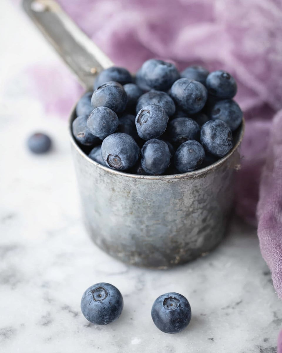 A stack of six blueberry pancakes sits on a white plate on a white marbled surface. The pancakes show a golden-brown cooked surface with visible blueberries inside. On top of the stack are sliced bananas and whole blueberries, with syrup being poured over them, dripping down the sides. Around the bottom of the plate are additional blueberries and banana slices. In the background, there is a blurred glass of orange juice and a small white bowl filled with blueberries. Photo taken with an iphone --ar 4:5 --v 7