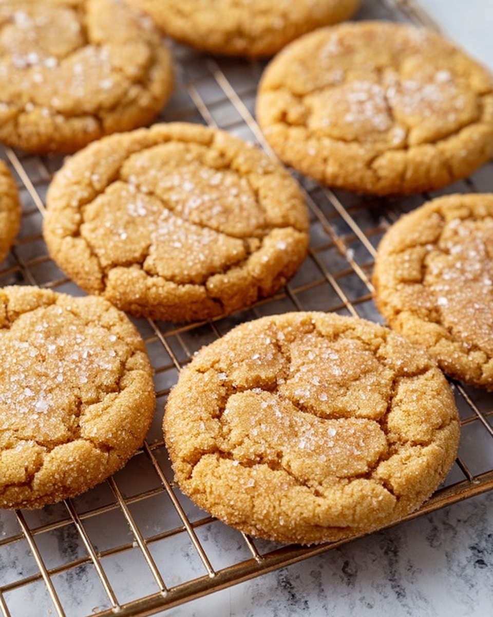 The image shows several golden-brown cookies arranged on a cooling rack placed on a white marbled surface. Each cookie is round with a slightly cracked top texture and sprinkled with coarse white sugar crystals, giving them a rough and inviting look. The cookies have a uniform thickness and a crisp, slightly crumbly edge with a soft center. The cooling rack is thin and metal, elevating the cookies above the white marbled surface beneath. Photo taken with an iphone --ar 4:5 --v 7