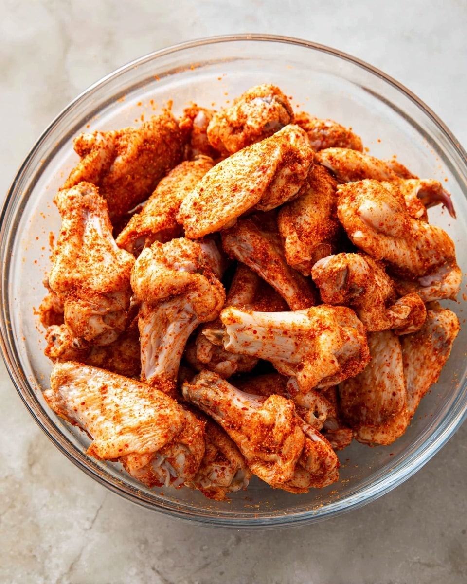 A large white plate filled with a pile of crispy, golden-brown chicken wings coated in a light sauce and sprinkled with finely grated white cheese and chopped green herbs scattered evenly on top. The chicken wings have a crunchy texture with some darker brown spots. The plate is placed on a white marbled surface, next to a small white bowl filled with bright orange-red dipping sauce and a folded blue cloth napkin. The lighting highlights the savory and fresh appearance of the wings. photo taken with an iphone --ar 4:5 --v 7