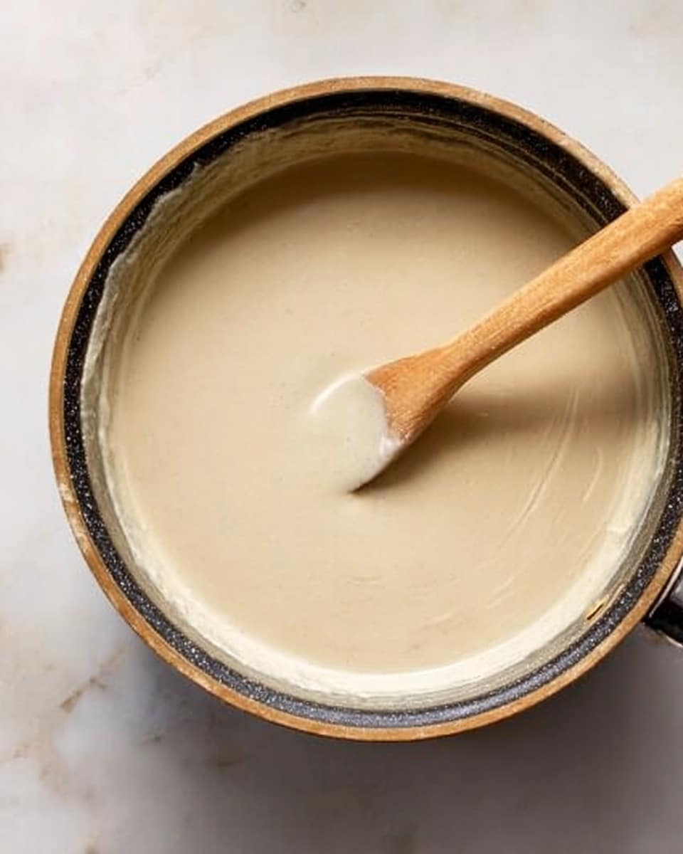 A close-up view of a round pot filled with smooth, thick, creamy beige sauce. A wooden spoon with light wood handle rests inside the sauce, visible from the top, showing the texture is silky and uniform. The pot is sitting on a white marbled surface. Photo taken with an iphone --ar 4:5 --v 7