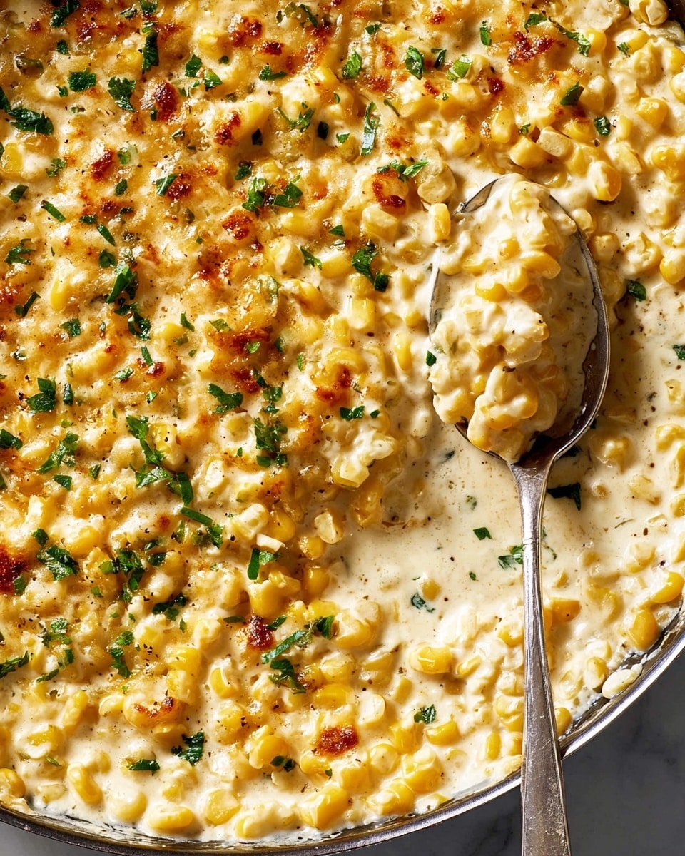 The image shows a white round bowl filled with creamy, pale yellow corn topped with small green herb leaves and some brown toasted bits. Next to the bowl is a white cast iron skillet also filled with the creamy corn mixture, with a white-handled spoon resting inside. The corn texture looks soft and mixed with a smooth sauce with some browned patches on top. A woman's hand is holding the spoon in the skillet. The surface is white marble, creating a clean and bright background. photo taken with an iphone --ar 4:5 --v 7