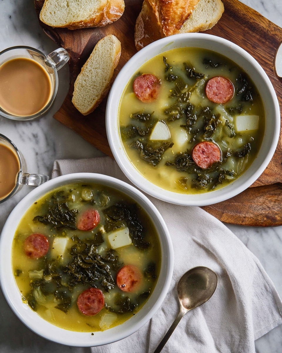 Two white bowls filled with a thick, light green soup sit on a wooden board over a white marbled surface. The soup has several layers of ingredients: dark green leafy vegetables, slices of reddish-brown sausage, and small white potato chunks, all floating in a slightly cloudy broth with hints of yellow and green. Next to the bowls, there is a silver spoon, two glasses with a light brown drink, and slices of bread. A white cloth is casually placed around the scene. The photo taken with an iphone --ar 4:5 --v 7