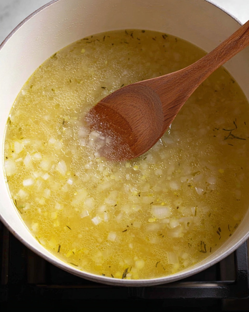 A white pot filled with a yellowish broth that has small pieces of translucent diced onions and some green herbs visible, giving it a textured look. A wooden spoon with a smooth, natural grain is resting inside the pot, partially submerged in the broth. The pot is set on a stove, with the pale yellow broth simmering gently, showing slight bubbles and foam near the edges. The white inside of the pot contrasts with the warm, light colors of the soup. photo taken with an iphone --ar 4:5 --v 7