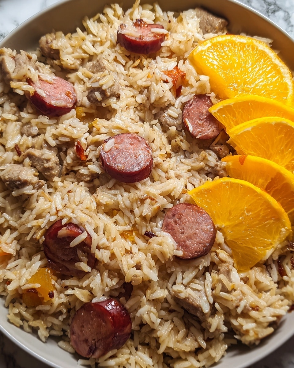 The image shows a close-up of a white plate filled with cooked rice mixed with small pieces of meat and slices of reddish-brown sausage spread evenly across the dish. Bright yellow-orange slices of orange are arranged on top on one side, adding a fresh color contrast. The rice looks moist and soft, with a mix of beige and light brown tones, while the sausage slices have a smooth texture with some darker edges. The plate is set on a white marbled surface. photo taken with an iphone --ar 4:5 --v 7