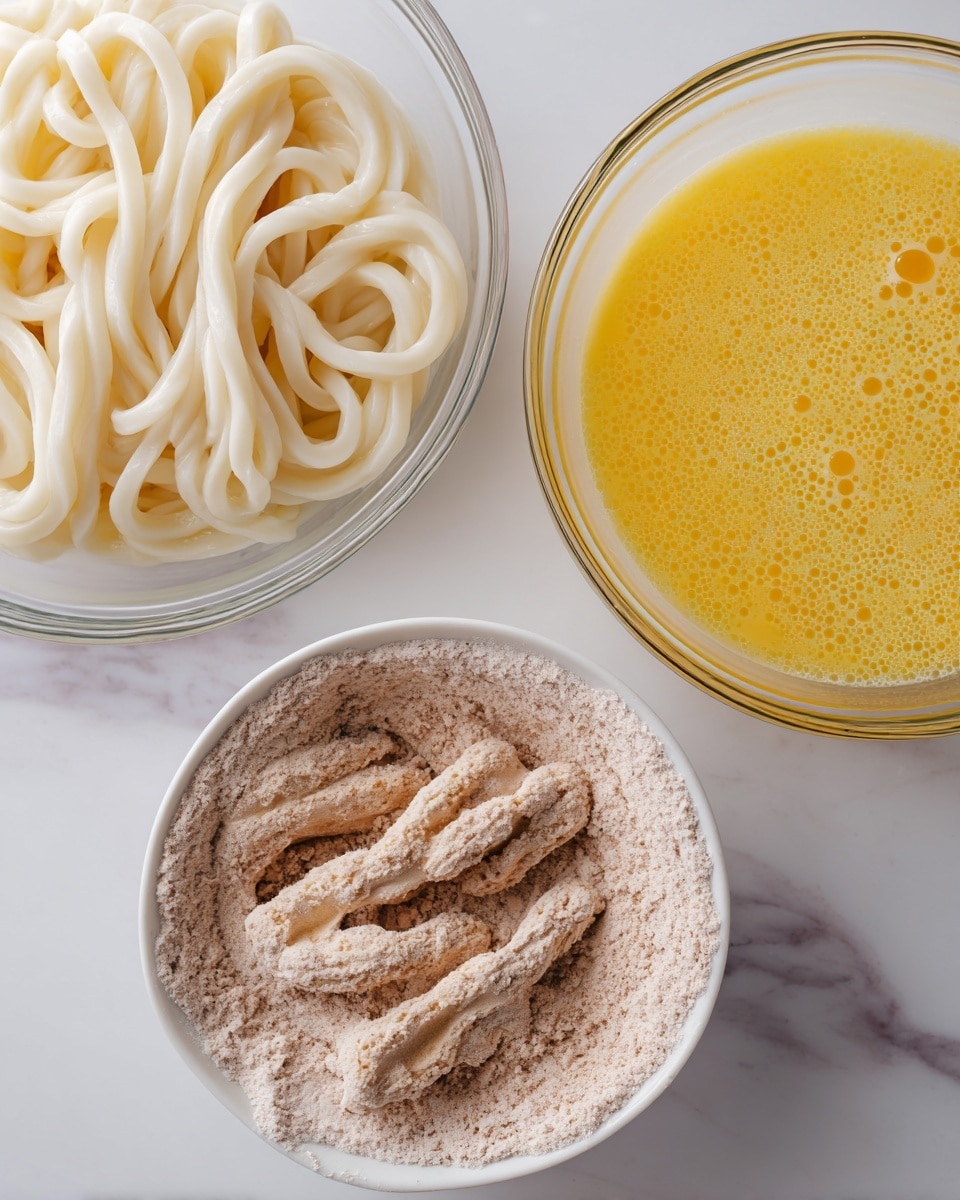 The image shows three clear glass bowls placed on a white marbled surface. The top-left bowl contains thick, white udon noodles, twisted and overlapping inside the bowl. The top-right bowl holds a yellow beaten egg mixture, smooth with small bubbles on the surface. The bottom bowl is white and filled with light brown seasoned flour or dry mix, with several pieces of the noodles partially coated and embedded in the flour mix, showing a rough texture as they are being prepared for frying or cooking. Photo taken with an iphone --ar 4:5 --v 7