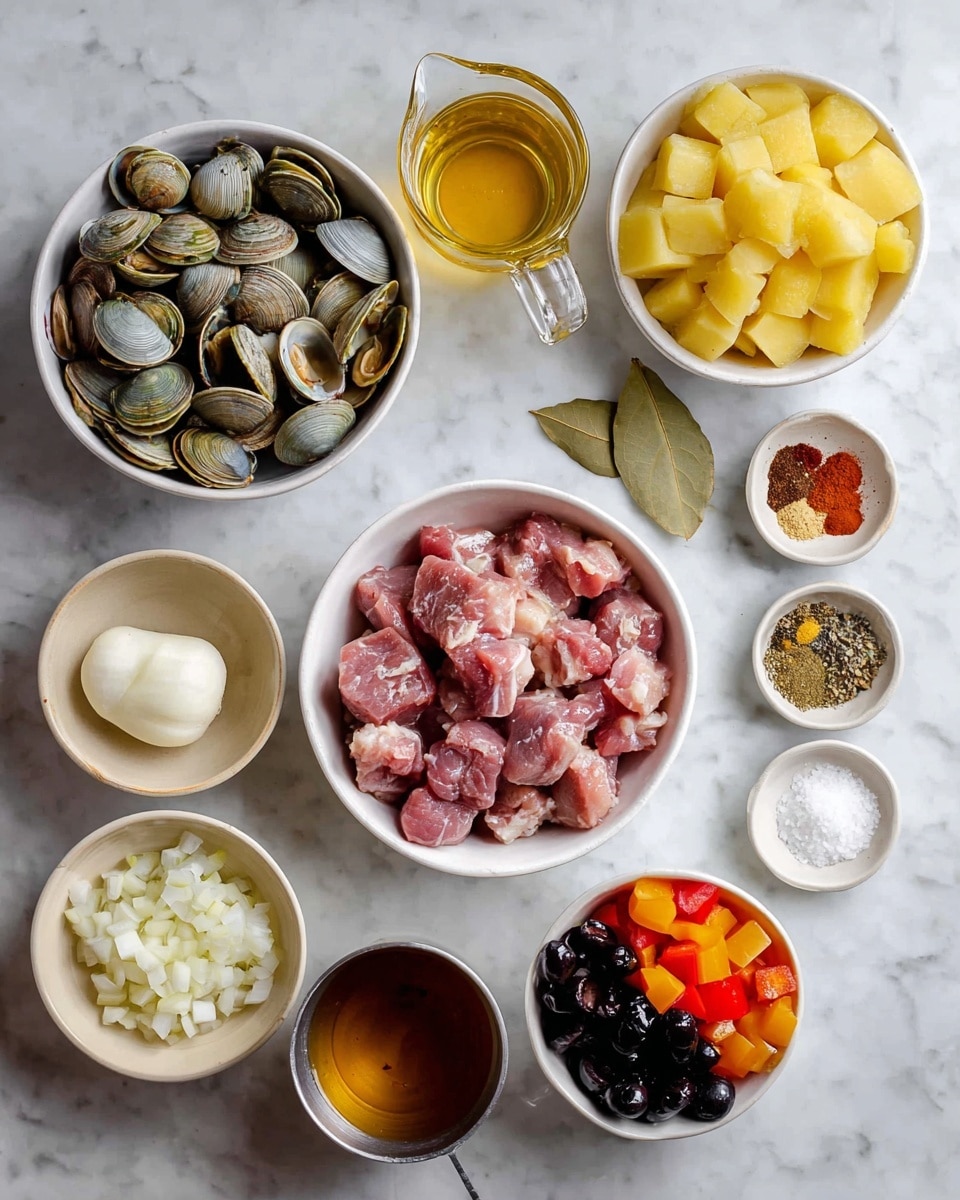 The dish is served in a white oval bowl sitting on a white marbled surface, filled with several layers of colorful ingredients. The bottom and main layer consists of golden brown roasted potato cubes mixed with small pieces of brown meat. Scattered on top are bright orange crinkle-cut carrot slices, small white cauliflower florets, and a few black olives. Garnishing the dish are six open clam shells with visible beige clam meat inside, arranged evenly on top. Fresh green chopped herbs are sprinkled throughout the whole bowl. Nearby, there is a sprig of fresh coriander, and two glasses filled with a golden liquid sitting on white coasters are partially visible in the background. Photo taken with an iphone --ar 4:5 --v 7