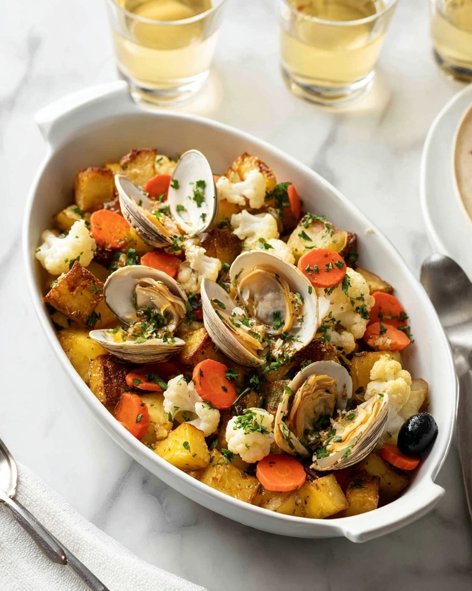 A white oval bowl filled with a mixed dish showing four open clams with light brown shells placed on top, sitting over golden-brown cubed fried potatoes. Scattered among the layers are bright orange, round carrot slices and small white cauliflower pieces, along with a few black olives. Chopped green herbs are sprinkled throughout, adding a fresh touch. The bowl is placed on a white marbled surface with two clear glasses filled with a light yellow drink in the background, and a white napkin is partially visible on the side. Photo taken with an iphone --ar 4:5 --v 7