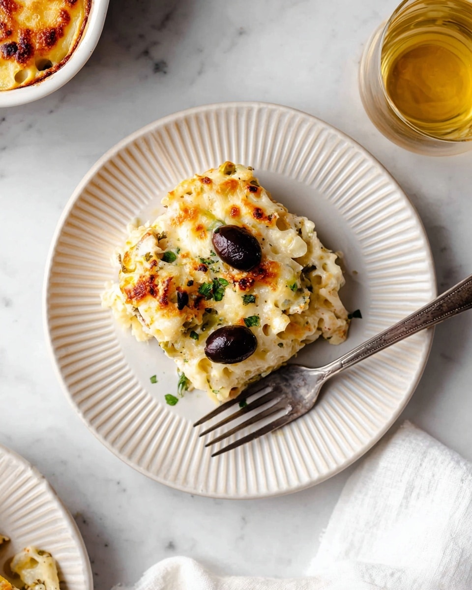The image shows a dish in a white oval baking dish, filled with a single thick layer of baked creamy cheese topping that is golden brown with small browned spots, sprinkled with small pieces of green herbs, and garnished with two black olives in the center. The dish is placed on a white marbled surface with two glasses of light yellow drink nearby and a white plate with a black utensil partially visible on the side. photo taken with an iphone --ar 4:5 --v 7