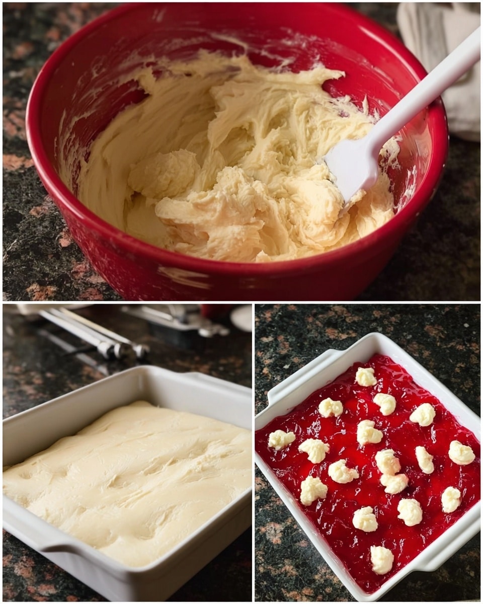 Three square pieces of a jam dessert are placed in a row on a large white plate with a soft blue inside. Each piece has three layers: the bottom layer is light beige and smooth, the middle layer is bright red jam that looks sticky and shiny, and the top layer is made of uneven golden-brown dough patches drizzled with light white icing. In the background, white orchid flowers with soft yellow and brown centers rest on a white marbled surface against a dark tiled wall. Photo taken with an iphone --ar 4:5 --v 7