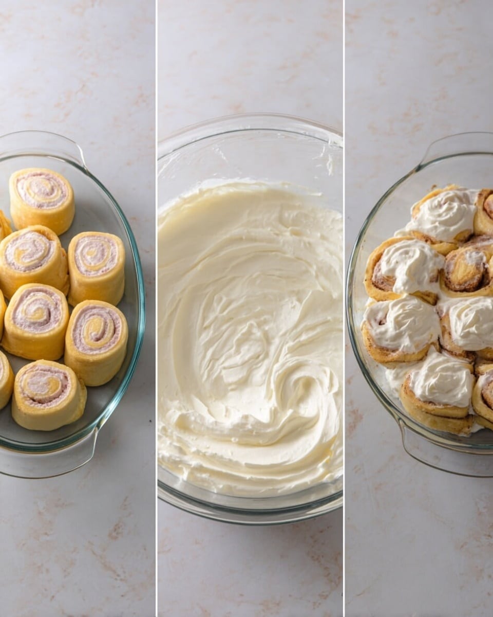 The image shows three side-by-side photos of a cinnamon roll dish in progress on a white marbled surface. The left photo has an oval clear dish filled with nine uncooked cinnamon rolls, each with a light yellow dough layer wrapped around a pale purple filling, arranged in a single layer. The middle photo shows a clear glass bowl filled with thick, smooth white cream with swirled texture on the surface, sitting alone. The right photo has the same clear dish now filled with browned cinnamon rolls, fully covered by a thick layer of white cream spread unevenly on top. Photo taken with an iphone --ar 4:5 --v 7