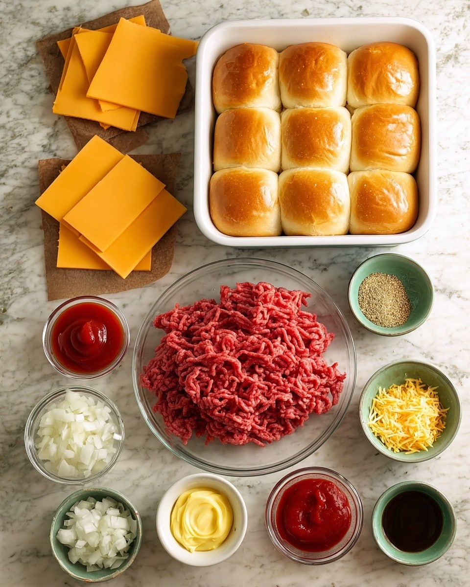 The image shows ingredients for a slider dish arranged on a white marbled surface. In the top center is a square white baking dish holding nine soft golden brown slider buns arranged in three rows and three columns. To the left of the buns are several slices of bright orange processed cheese stacked neatly on the surface. In the center bottom, there is a clear glass plate piled with raw ground beef, showing its deep red and textured strands. Surrounding these main items are small bowls with various seasoning and sauces: white bowls hold ketchup and another red sauce, a white bowl contains melted yellow butter, and small green bowls contain mustard, breadcrumbs, grated cheese, chopped onions and red bell peppers, dry herb seasoning, and two dark sauces. The ingredients are vibrant, fresh, and ready for assembly. Photo taken with an iphone --ar 4:5 --v 7