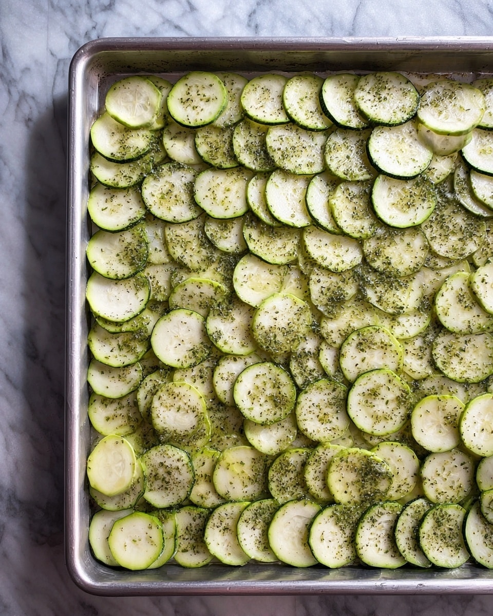 This is a rectangular baked dish with one thick base layer that is golden brown and crispy around the edges. On top of this base, there is one even layer of thin, circular slices of zucchini. The zucchini slices are pale green with some browning from baking, and they are sprinkled evenly with dried herbs and small bits that look like garlic or spices. The dish is in a metal baking tray and is placed on a white marbled surface. photo taken with an iphone --ar 4:5 --v 7