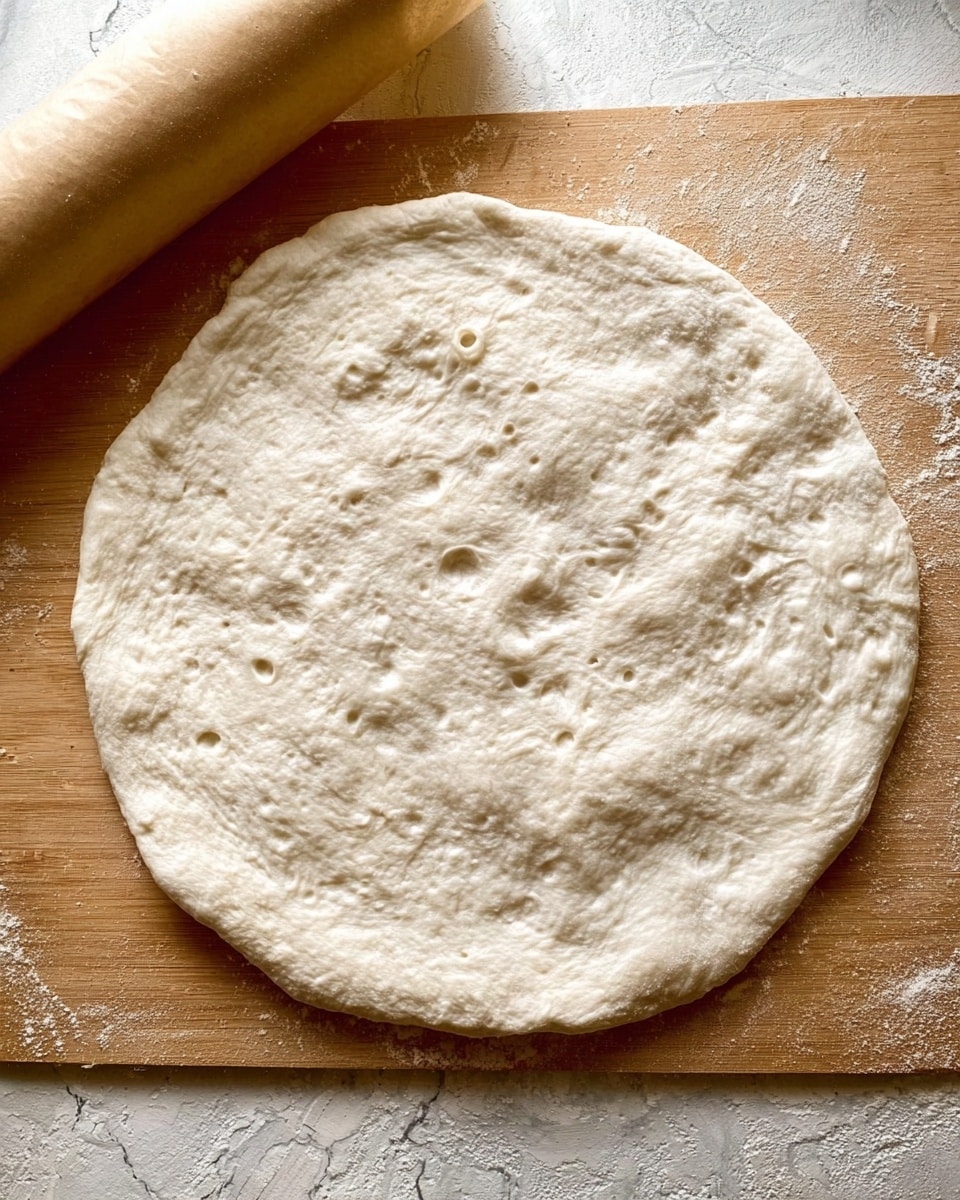 A single round pizza dough is spread out flat on a light brown wooden surface, showing some uneven puffed bubbles and a slightly textured surface with small air pockets. The dough is pale off-white with a soft, stretchy look and a little shine from moisture. A piece of parchment paper is partly visible rolled up to the left side near the dough. The background is a white marbled texture photo taken with an iphone --ar 4:5 --v 7