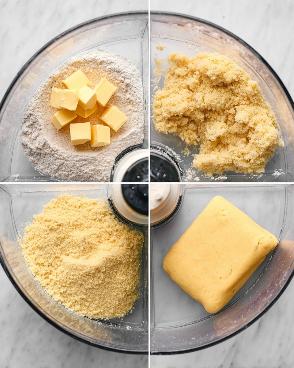 The image shows four stages of mixing dough in a clear glass food processor bowl placed on a white marbled surface. In the first stage, there are small cubes of yellow butter scattered on top of a layer of flour inside the bowl. The second stage shows the ingredients mixed into a crumbly, fine-textured pale mixture evenly spread around the bowl. The third stage presents a slightly thicker, coarser crumb mixture still inside the bowl. The final stage shows the smooth, rolled-out dough in a flat, rectangular shape with a uniform yellow color resting on the white marbled surface. photo taken with an iphone --ar 4:5 --v 7