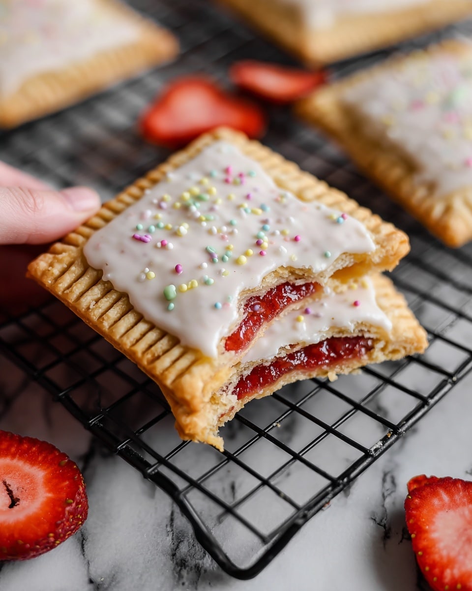 The image shows a close-up of a square pastry with three visible layers: the bottom and top layers are a light brown, flaky crust with a crimped edge, and the middle layer is a bright red strawberry filling. The top crust is partially covered with a smooth white icing sprinkled with small pastel-colored round sprinkles. The pastry is placed on a black cooling rack over a white marbled surface. There are sliced red strawberries around the pastry, adding a fresh look. A woman's hand is holding the pastry from one side, showing a small bite taken out of the corner. Photo taken with an iphone --ar 4:5 --v 7