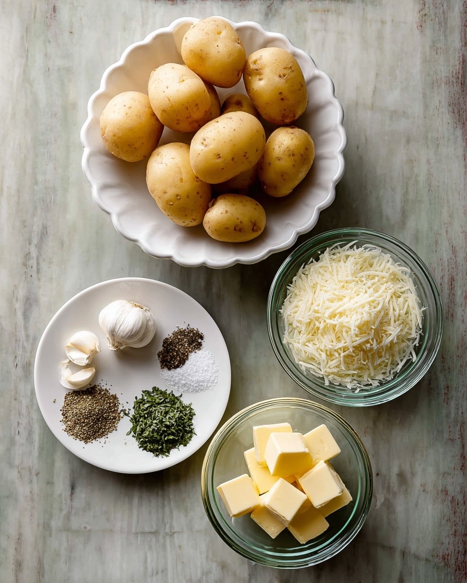 The image shows six light brown potatoes in a white scalloped bowl at the top center. Below this bowl are three clear glass bowls: one at the lower center filled with neat cubes of pale yellow butter, one to the right filled with fine white grated cheese, and a smaller one above it with peeled garlic cloves. To the left of these bowls is a white small plate with four distinct piles of seasoning, including coarse salt, black pepper, and two types of green herbs. All items are arranged on a white marbled textured surface photo taken with an iphone --ar 4:5 --v 7